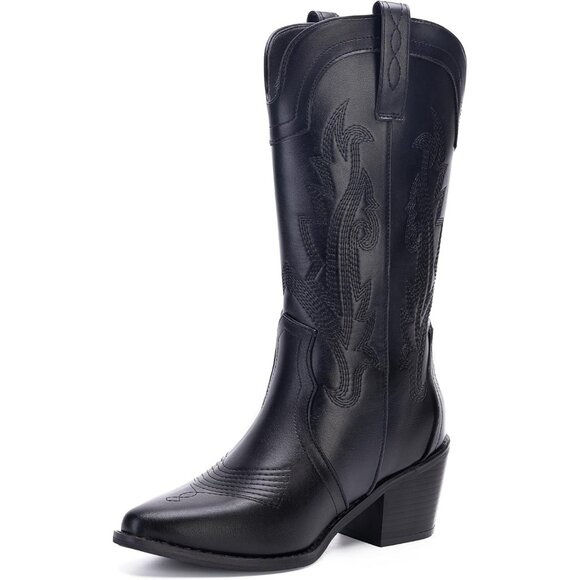 Shoes - Women's Black Embroidered Pointed Toe Mid Calf Chunky Block Western Heel Boots